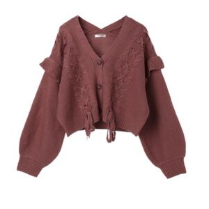 🇯🇵 Ruffle Spindle Knit Cropped V-neck Ribbon Lace-Up Detail Cardigan